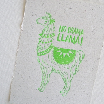 Llama on Poo Paper, Letterpress Print, Handmade Recycled Paper with Lama Poo, Llama, Llama Art, Nursery Art, Letterpress Art, Neon Green