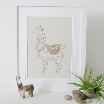 Llama Poo Paper, Letterpress Llama Print, Handmade Recycled Paper with Lama Poo, Llama Print, Llama Art, Nursery Art, Letterpress Art