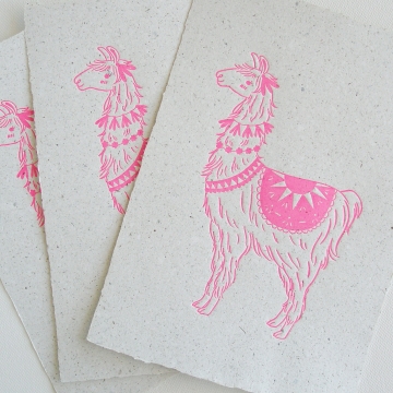 Pink Llama on Poo Paper, Letterpress Print, Handmade Recycled Paper with Lama Poo, Llama Print, Llama Art, Nursery Art, Letterpress Art