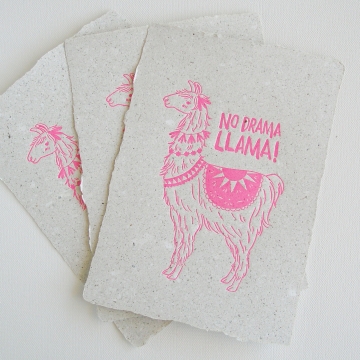 Pink Llama on Poo Paper, Letterpress Print, Handmade Recycled Paper with Lama Poo, Llama Print, Llama Art, Nursery Art, Letterpress Art