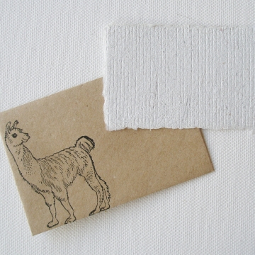 Mini Llama Fibre Card and Hand Stamped Envelope, Handmade Recycled Paper Card