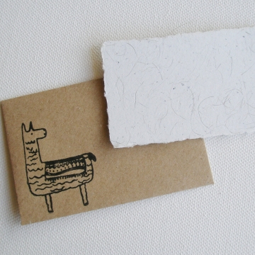 Small Card with Llama Fibre and Hand Stamped Envelope, Handmade Recycled Paper Llama Gift