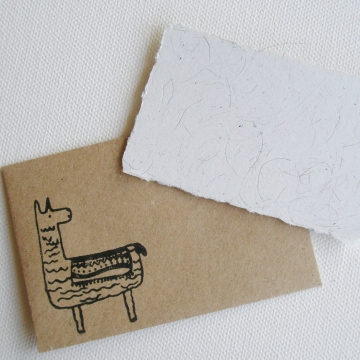 Small Card with Llama Fibre and Hand Stamped Envelope, Handmade Recycled Paper Llama Gift