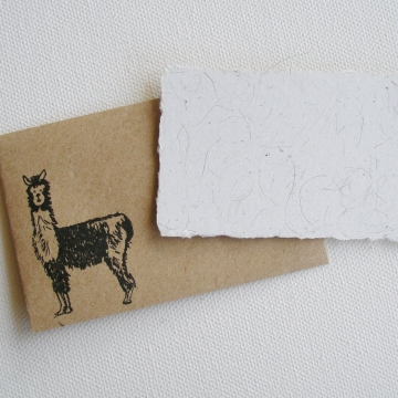 Mini Card with Llama Fibre and Hand Stamped Envelope, Handmade Recycled Paper Llama Gift