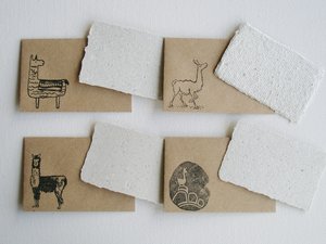 Llama Poo Card Set with Brown Envelopes, 4 Mini Handmade Recycled Llama Poo Paper Cards, hand stamped envelopes