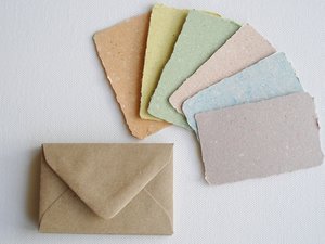 Llama Poo Paper Cards. 6 x Coloured mini handmade recycled paper gift cards 2 x 3 inch with llama poo and plain brown envelopes