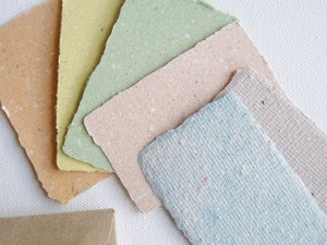 Llama Poo Paper Cards. 6 x Coloured mini handmade recycled paper gift cards 2 x 3 inch with llama poo and plain brown envelopes