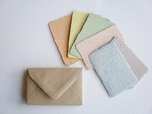 Llama Poo Paper Cards. 6 x Coloured mini handmade recycled paper gift cards 2 x 3 inch with llama poo and plain brown envelopes
