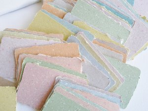 Llama Poo Paper Cards. 6 x Coloured mini handmade recycled paper gift cards 2 x 3 inch with llama poo and plain brown envelopes