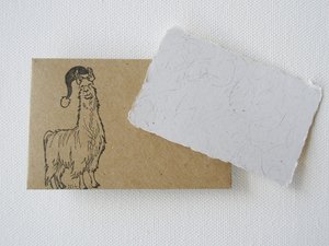 Christmas Llama Fibre Mini Card and Hand Stamped Envelope, Handmade Recycled Paper Card