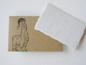Christmas Llama Fibre Mini Card and Hand Stamped Envelope, Handmade Recycled Paper Card