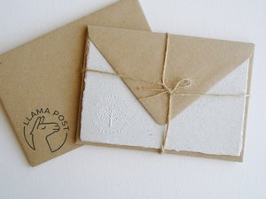 Handmade Llama Letter Set with Poo Paper and recycled envelopes. Writing sheets for children with hand stamped envelopes 6 x 4 inch