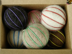 Box of 6 Bird Nesters, Llama Fibre. Bright Coloured baubles with nesting material for the birds in gift box. Eco friendly Decoration, Garden