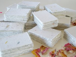 30 x Hand-made Recycled Paper Pieces 2 x 3", Small Hand Torn / Deckle Edge Sheets, Handmade Pieces with Petals in Neutral Tones