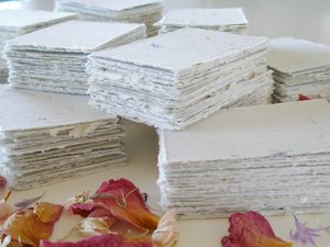 30 x Hand-made Recycled Paper Pieces 2 x 3", Small Hand Torn / Deckle Edge Sheets, Handmade Pieces with Petals in Neutral Tones