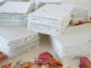 30 x Hand-made Recycled Paper Pieces 2 x 3", Small Hand Torn / Deckle Edge Sheets, Handmade Pieces with Petals in Neutral Tones