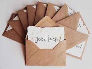 10 "Good Luck" Mini Handmade Cards with Recycled Envelopes, Paper Notes for students, mentor encouragement, teacher motivation messages,