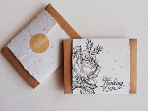 10 Mini Cards with Envelopes, Handmade Recycled Paper 'thinking of you" Notes