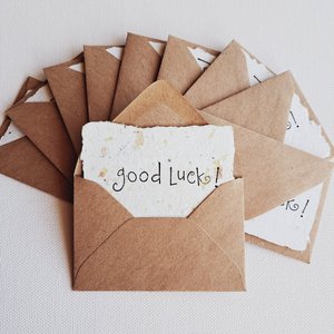 10 "Good Luck" Mini Handmade Cards with Recycled Envelopes, Paper Notes for students, mentor encouragement, teacher motivation messages,