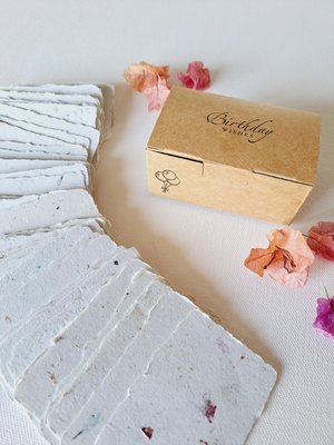 Little box of Birthday Wishes. 50 blank deckle edge paper. Mini Handmade Recycled 2x3 sheets, Neutral tones, for guests to write on at party
