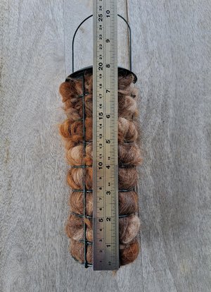 Bird Nester. Llama Fibre Nesting Material for backyard bird nests and birdhouses. SMALLER VERSION green metal hanging holder.