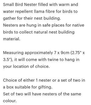 Small Bird Nester in gift box. Llama Fibre Nesting Material for gardeners and bird lovers. Backyard birdbath / feeder accessory