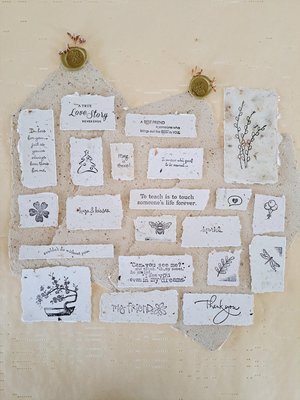 20 small pieces of Hand Stamped handmade Recycled Paper Ephemera for Junk Journals