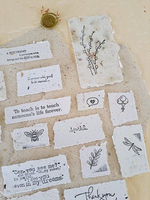 20 small pieces of Hand Stamped handmade Recycled Paper Ephemera for Junk Journals