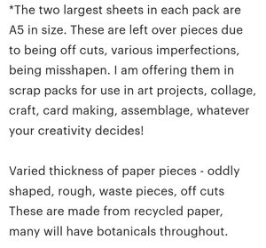 One random, mixed lucky dip mystery scrap pack of Handmade Recycled Waste Papers, Junk Journal papers, for scrapbooks, workshops, teachers.