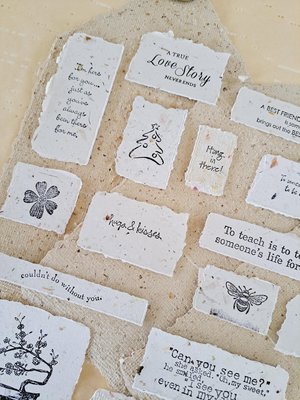 20 small pieces of Hand Stamped handmade Recycled Paper Ephemera for Junk Journals