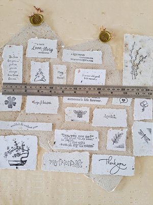 20 small pieces of Hand Stamped handmade Recycled Paper Ephemera for Junk Journals
