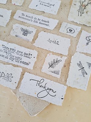 20 small pieces of Hand Stamped handmade Recycled Paper Ephemera for Junk Journals