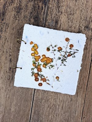 Handmade recycled paper journal / notebook with wattle or grevillea cover, binder rings and pages with botanicals / petals. Add Extra pages