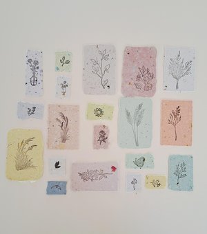 Handmade Stamped Recycled Paper Ephemera Pack: Junk Journal Supplies, 20 small botanical pieces