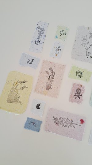 Handmade Stamped Recycled Paper Ephemera Pack: Junk Journal Supplies, 20 small botanical pieces
