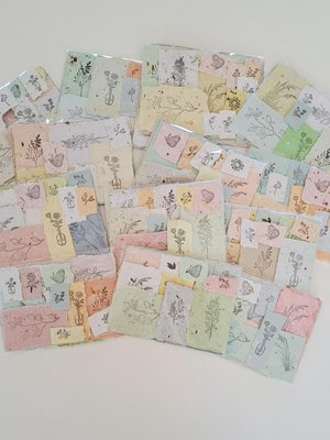 Handmade Stamped Recycled Paper Ephemera Pack: Junk Journal Supplies, 20 small botanical pieces