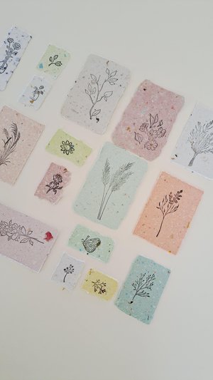 Handmade Stamped Recycled Paper Ephemera Pack: Junk Journal Supplies, 20 small botanical pieces