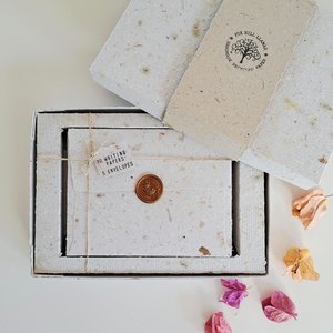 Stationery Set. Gift boxed handmade recycled paper writing sheets and envelopes with wax seals. 10 sheets, 5 envelopes, wax seals