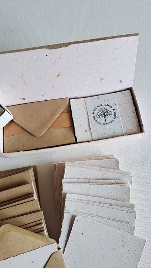 30 Handmade recycled papers with commercially recycled brown envelopes. 4x3 Inch Stationery Set in Gift Box