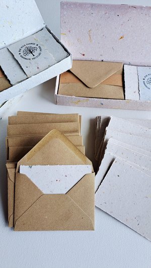 30 Handmade recycled papers with commercially recycled brown envelopes. 4x3 Inch Stationery Set in Gift Box