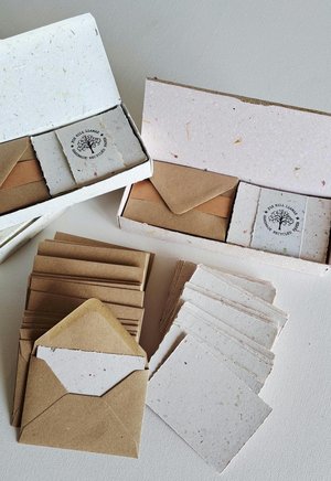 30 Handmade recycled papers with commercially recycled brown envelopes. 4x3 Inch Stationery Set in Gift Box