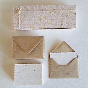 30 Handmade recycled papers with commercially recycled brown envelopes. 4x3 Inch Stationery Set in Gift Box
