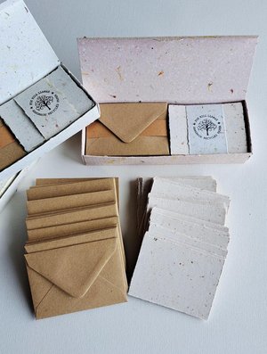 30 Handmade recycled papers with commercially recycled brown envelopes. 4x3 Inch Stationery Set in Gift Box
