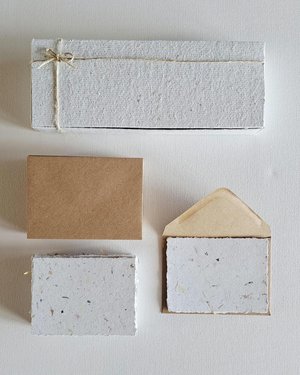 30 Handmade recycled papers with commercially recycled brown envelopes. 4x3 Inch Stationery Set in Gift Box