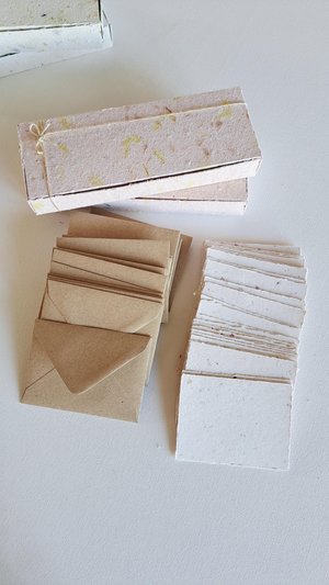 30 Handmade recycled papers with commercially recycled brown envelopes. 4x3 Inch Stationery Set in Gift Box