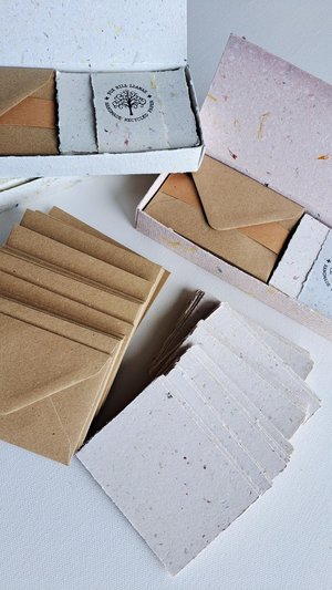 30 Handmade recycled papers with commercially recycled brown envelopes. 4x3 Inch Stationery Set in Gift Box