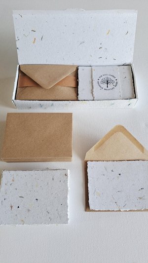 30 Handmade recycled papers with commercially recycled brown envelopes. 4x3 Inch Stationery Set in Gift Box