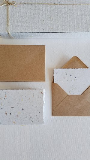30 Handmade recycled papers with commercially recycled brown envelopes. 4x3 Inch Stationery Set in Gift Box