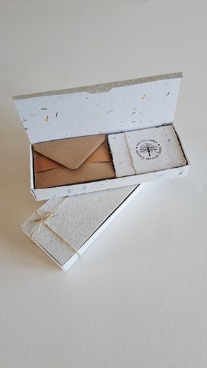 30 Handmade recycled papers with commercially recycled brown envelopes. 4x3 Inch Stationery Set in Gift Box