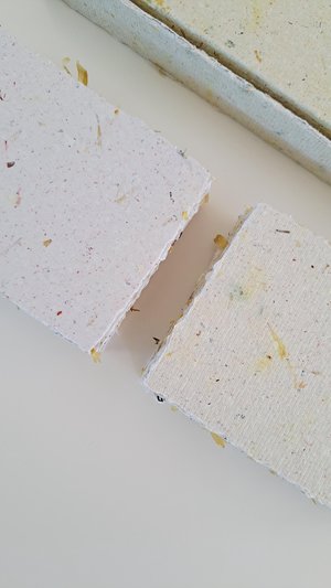 50 Pieces of thick handmade recycled card 4x3 Inch in Gift Box. Cream in colour, deckle and rough torn edges with saffron flecks